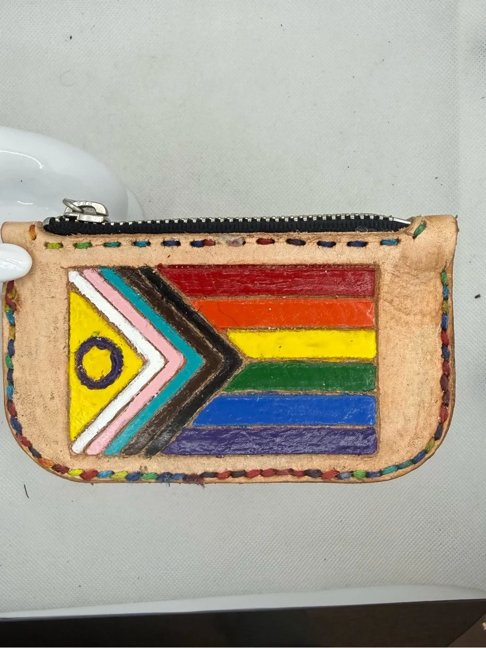 Hand Painted Progress Pride Flag Leather Zipper Pouch Rainbow Stitching